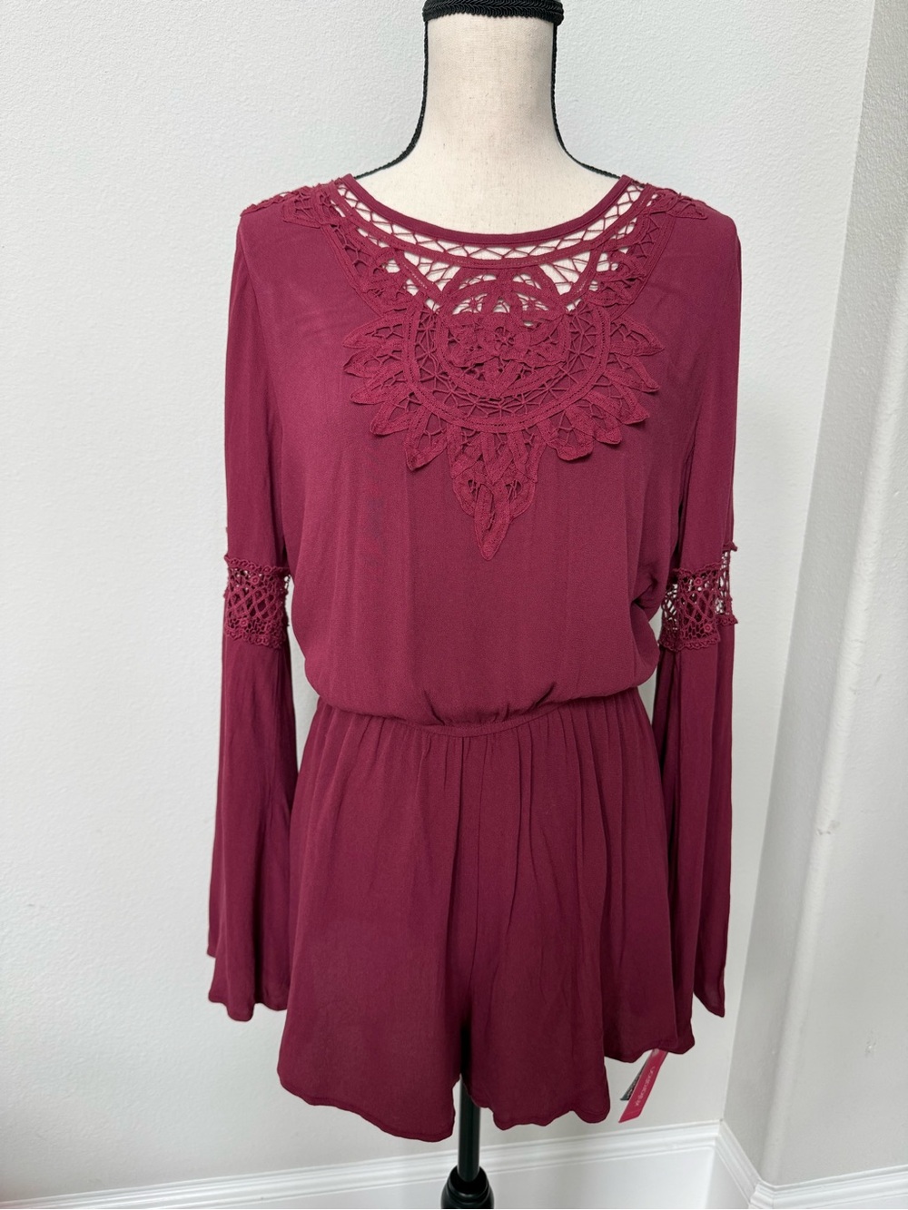 Xhilaration Burgundy Crochet-Detail Long Sleeve Romper
